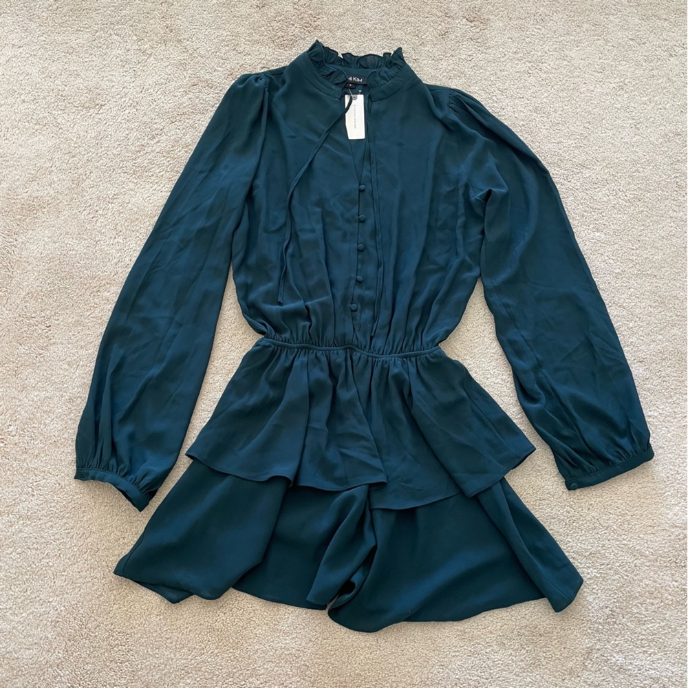 Yumi Kim dark teal long-sleeve flowy mini dress, size S NWT